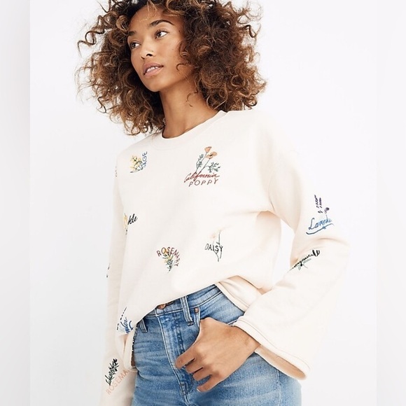 Madewell RARE Botanical Embroidered Bell-Sleeve cropped Sweatshirt, cream, sz XS - Picture 1 of 14